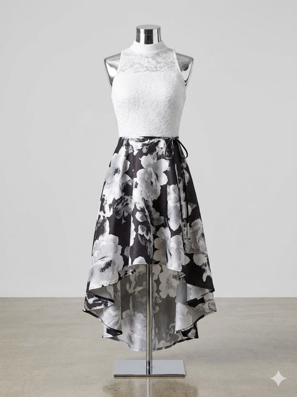 Lace Halter Top High-Low Floral Dress in White and Black